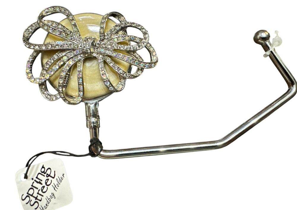 SPRING STREET PURSE HOOK RHINESTONE BOW HANDBAG HANGER SILVER TONE HOLDER